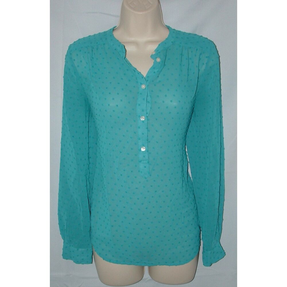 J CREW Blue Sz XS Casual or Dress Popover Semi Sheer Swiss Dot Roomy Blouse